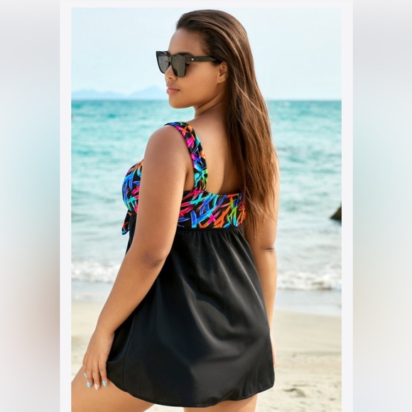 MEETCURVE Tie-Front V Neck Skirted Tummy Control One Piece Swimsuit Dress XL - Picture 2 of 12